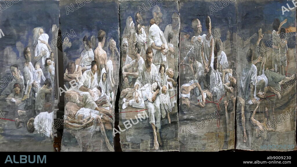 Panels depicting the global refugee crisis by Safet Zec (born 5 December 1943); a Bosnian painter and graphic designer. Exhibited at the Church of the Pietà in Venice, Italy. 2017.