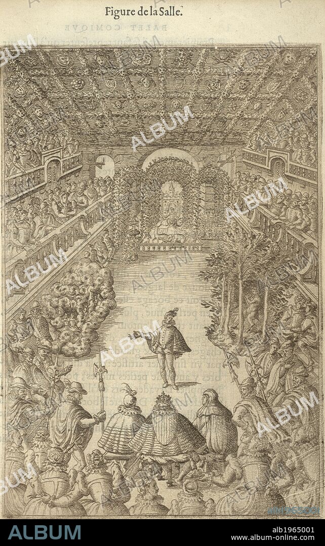 LAMBERT DE BEAULIEU. Engraving of the second scene of the Ballet comique de la Royne (Reine) in 1581, in the gallery of the Louvre. Balet Comique de la Royne ... Paris, 1582. This was the first 'ballet de cour'. It was performed for Henry III and his court. Source: Hirsch III.629.21.