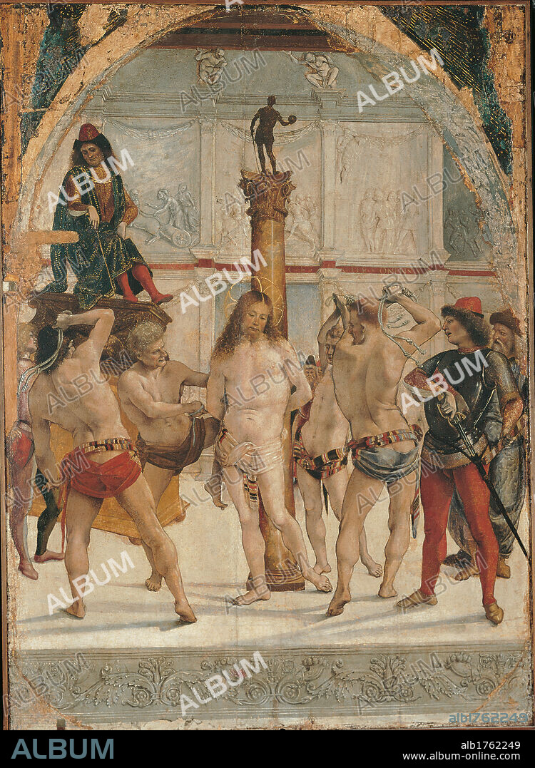 The Flagellation, by Luca Signorelli, 1480, 15th Century, tempera on panel, cm 84 x 60. Italy, Lombardy, Milan, Brera art gallery. All. Flagellation Christ arch frieze of rinceaux column praetorium bas reliefs Jesus Christ, naked but for a loincloth, is flagellated by his torturers. Pilate can be seen in the background, watching the scene. Authorization required for non editorial use.