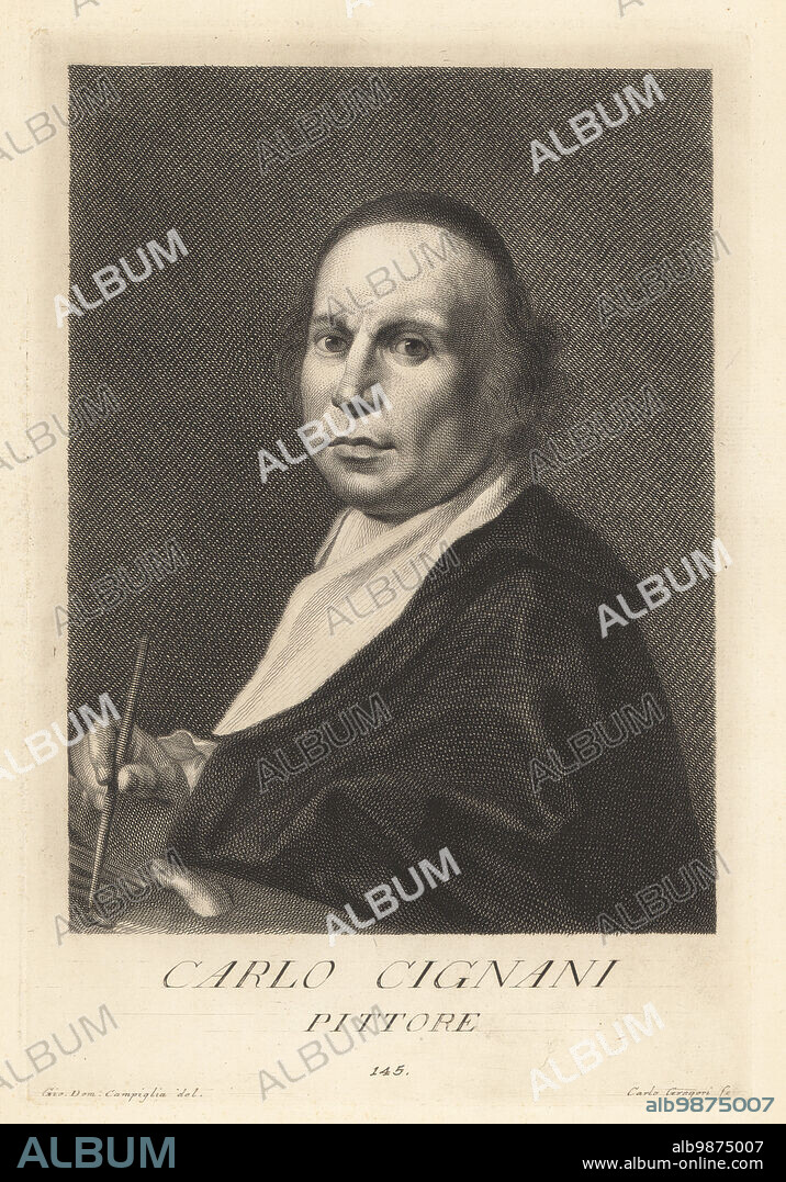 Carlo Cignani, Italian nobleman and Baroque painter of the Bolognese school, 1628-1719. Active in Bologna and Rome, working for Cardinal Farnese and the Archbishop of Milan. Conte Carlo Cignani, Pittore. Copperplate engraving by Carlo Gregori after Giovanni Domenico Campiglia after a self portrait by the artist from Francesco Moucke's Museo Florentino (Museum Florentinum), Serie di Ritratti de Pittori (Series of Portraits of Painters) stamperia Mouckiana, Florence, 1752-62.