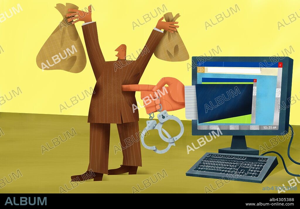 Hand with handcuffs emerging from computer monitor to arrest thief carrying money bags.