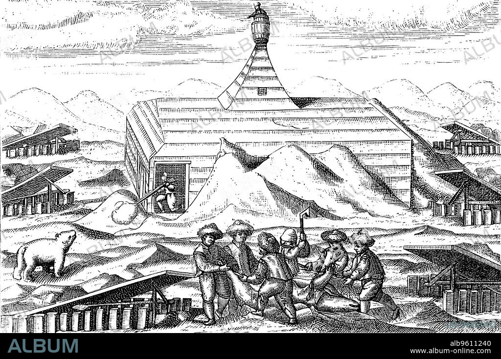 Winter quarters of Willem Barents' expedition to the Arctic, 1596-1597. Barents (d 1597) was a Dutch navigator who led expeditions in 1594, 1595 and 1596-1597 in search of a Northeast Passage to Asia. None of the expeditions succeeded in finding an open route to the Far East, and on the third voyage Barents' ship became trapped in the ice, forcing the crew to remain in the Arctic over the winter. The ship was not released by the ice as soon as expected in the spring, and the crew made their escape in open boats, setting off on 13 June 1597. Most returned home safely, but Barents himself died on 30 June. The winter quarters off Novaya Zemlya in which the expedition sat out the Arctic winter was discovered in 1871, just as it had been left when they set off on the homeward journey almost 300 years earlier. Here members of the expedition are shooting and butchering polar bears.