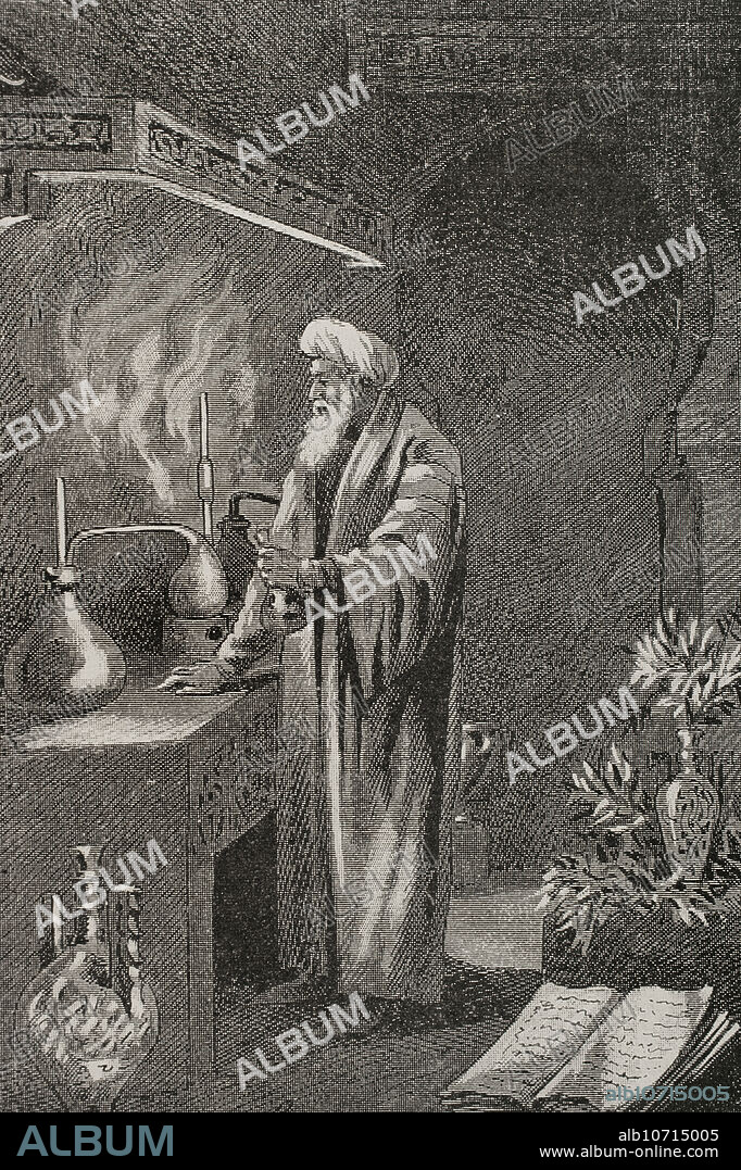 JOAN SERRA PAUSAS (ACTIVE 1861-1902). Ibn Zuhr (h. 1092-h. 1162). Médico, filósofo y poeta andalusí nacido en Peñaflor (Sevilla). Conocido en la Europa medieval con el nombre de Avenzoar. Retrato. Grabado por Serra Pausas. "Glorias Españolas". Tomo II. Publicada en Barcelona, 1890.