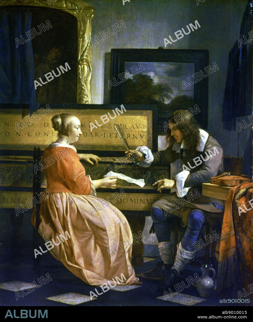 A Man and a Woman'. Gabriel Metsu (1629-1667) Dutch painter. Dutch interior with young man and woman by a virginal. He holds a glass in his hand. On table, right, is an instrument of the violin family.