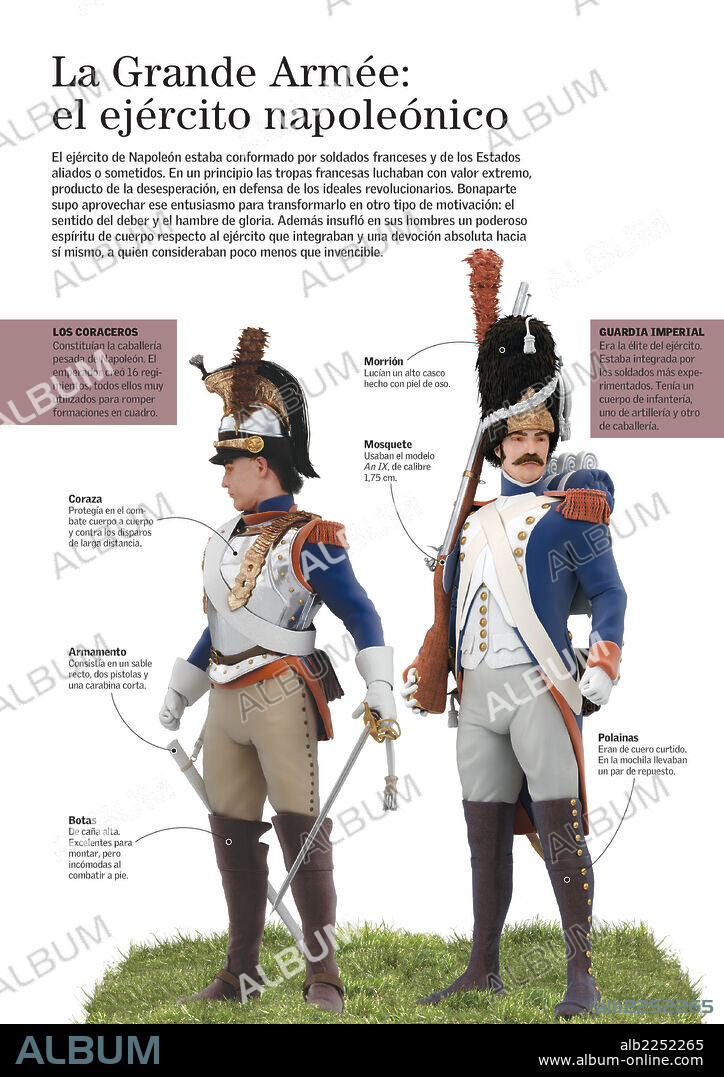 La Grande Armée: el ejército napoleónico. Infografía sobre la vestimenta y el armamento utilizado por el ejército napoleónico o La Grande Armée (inicios siglo XIX).
