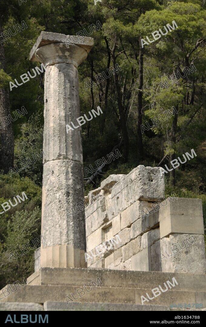 Greek Art. Nymphaeum of Herodes Atticus. Built around the year 160. Doric column. Altis. Sanctuary of Olympia. Greece.