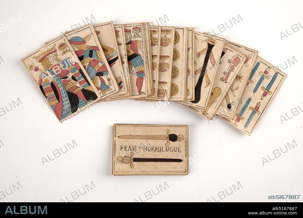 playing cards, 1720, parchment, paper, ink, printed, General: 6 x 9.2cm (60 x 92mm) cards, General: 10.5 x 7 x 1.4cm (105 x 70 x 14mm) packaging, Spanish type deck from 34 cards from the year 1720, with address of Jonas Fouquet followed to Jehan Voley circa 1700. The card game is packed in a parchment folder with the inscription in ink: '' Spanish Maps from the year 1720. Serving to verify the authenticity of Equal maps from the year 1570, after the relief of the city of Leiden in 1574 in the redoubt of the [.....] ''.