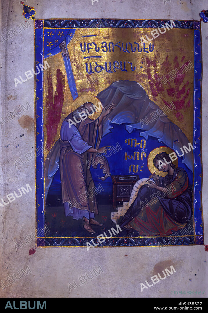 T'oros Roslin Gospels, Portrait of John and Prochoros, This manuscript was made in 1262 by Toros Roslin, an extremely prominent illuminator, who extended the range of manuscript illuminations by introducing a whole cycle of images into the gospels rather than, as was traditional, only including the portraits of the evangelists. This particular manuscript was created at the scriptorium of Hromkla, which became the leading artistic center of Armenian Cilicia under the rule of catholicos Constantine I (1221-1267).Toros created this manuscript under commission from the nephew of Constantine, a priest also named Toros. It is one of seven known manuscripts bearing Toros Roslins signature, and it is the most sumptuous of them all, with 15 miniatures and 67 smaller illustrations. The style of the images suggests that Toros had several assistants helping with the illustrations, though the overall quality remains extremely high. The manuscript was long cherished within the Armenian church. Even in the seventeenth century, its illumination served as a model for Armenian scribes, particularly Bargham and his son Mikayel; in the latter manuscript, Mikayel explicitly refers to 'the excellent scribe Toros, surnamed Roslin.'.