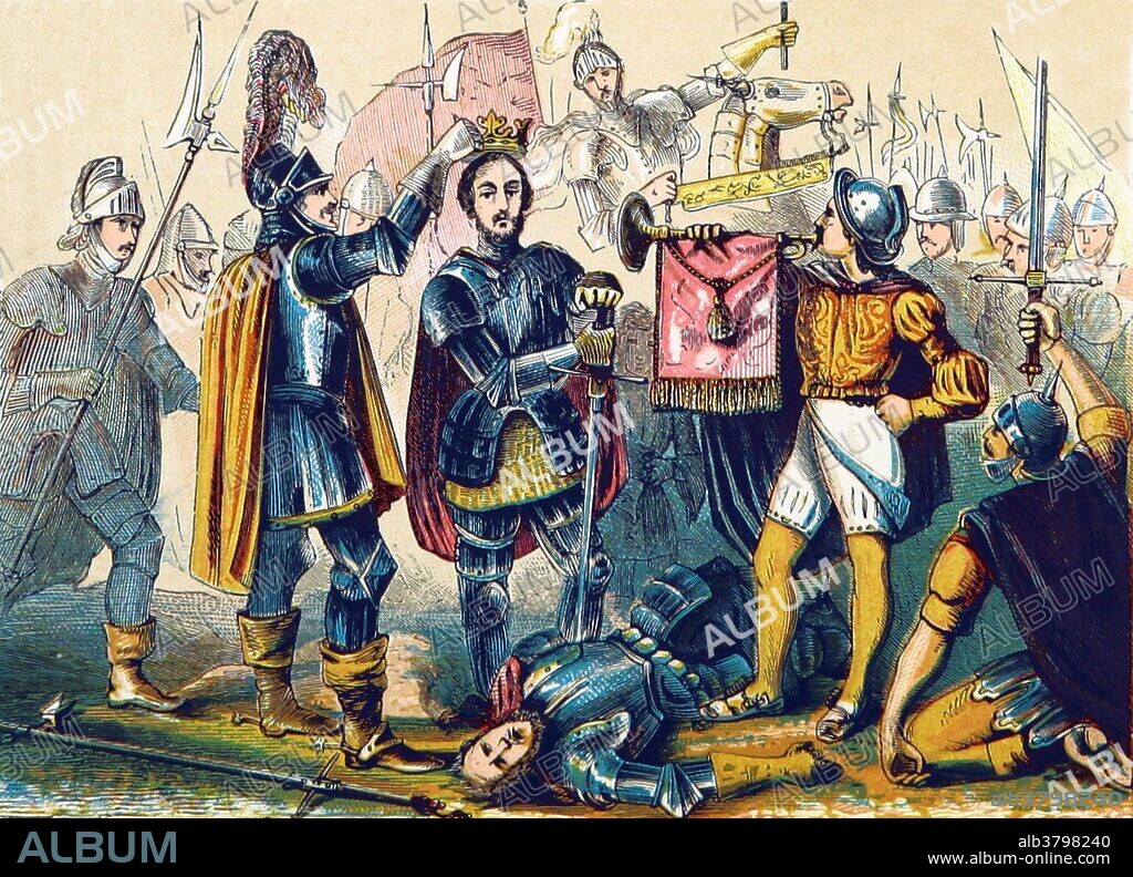 The Battle of Bosworth Field (or Battle of Bosworth) was the last significant battle of the Wars of the Roses, the civil war between the Houses of Lancaster and York that raged across England in the latter half of the 15th century. Fought on August 22, 1485, the battle was won by the Lancastrians. Their leader Henry Tudor, Earl of Richmond, by his victory became the first English monarch of the Tudor dynasty. His opponent, Richard III, the last king of the House of York, was killed in the battle. Historians consider Bosworth Field to mark the end of the Plantagenet dynasty, making it a defining moment of English and Welsh history. The Tudor dynasty or House of Tudor was a royal house of Welsh and English origin, descended in the male line from the Tudors of Penmynydd, which ruled the Kingdom of England and its realms, including their ancestral Wales and the Lordship of Ireland, later the Kingdom of Ireland, from 1485 until 1603. Its first monarch was Henry VII, a descendant through his mother of a legitimized branch of the English royal House of Lancaster. The Tudor family rose to power in the wake of the Wars of the Roses, which left the House of Lancaster, to which the Tudors were aligned, extinct. Image taken from page 466 of "A History of England for the Young" by Henry Tyrrell, 1872.
