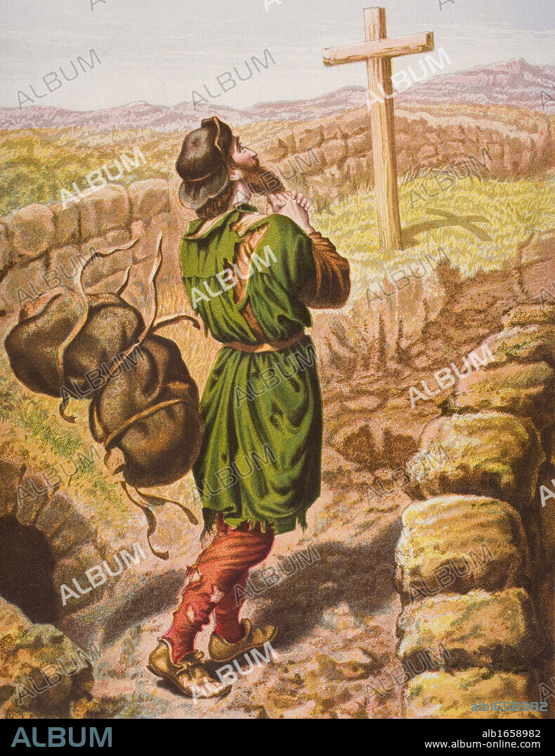 Christian loses his burden at the cross. From the book "The Pilgrim's Progress" by John Bunyan, from late 19th century edition.