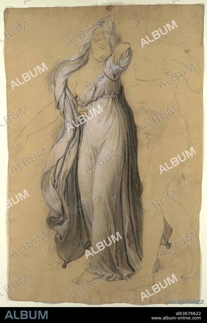 Drapery Study for 'Castor and Pollux Freeing Helen'. Artist: Joseph-Ferdinand Lancrenon (French, 1794-1874). Dimensions: sheet: 17 15/16 x 12 in. (45.6 x 30.5 cm). Date: 1817.
This sheet is a study for Castor and Pollux Freeing Helen, the assigned subject for the 1817 Prix de Rome competition, in which Lancrenon placed third. While the final painting's location is unknown, this preparatory drawing focuses on the drapery of Helen. The nude male figure escorting her is outlined to her right. Lancrenon's study echoes a practice promulgated in Jacques Louis David's (French, 1748-1825) studio that encouraged studies of figures, nude and clothed, followed by sketches of heads. Here, the adept draftsman delineates Helen's svelte form through long strokes of black chalk and subtle modeling with white--a style indebted to that of his teacher, Anne Louis Girodet-Trioson (French, 1767-1824).