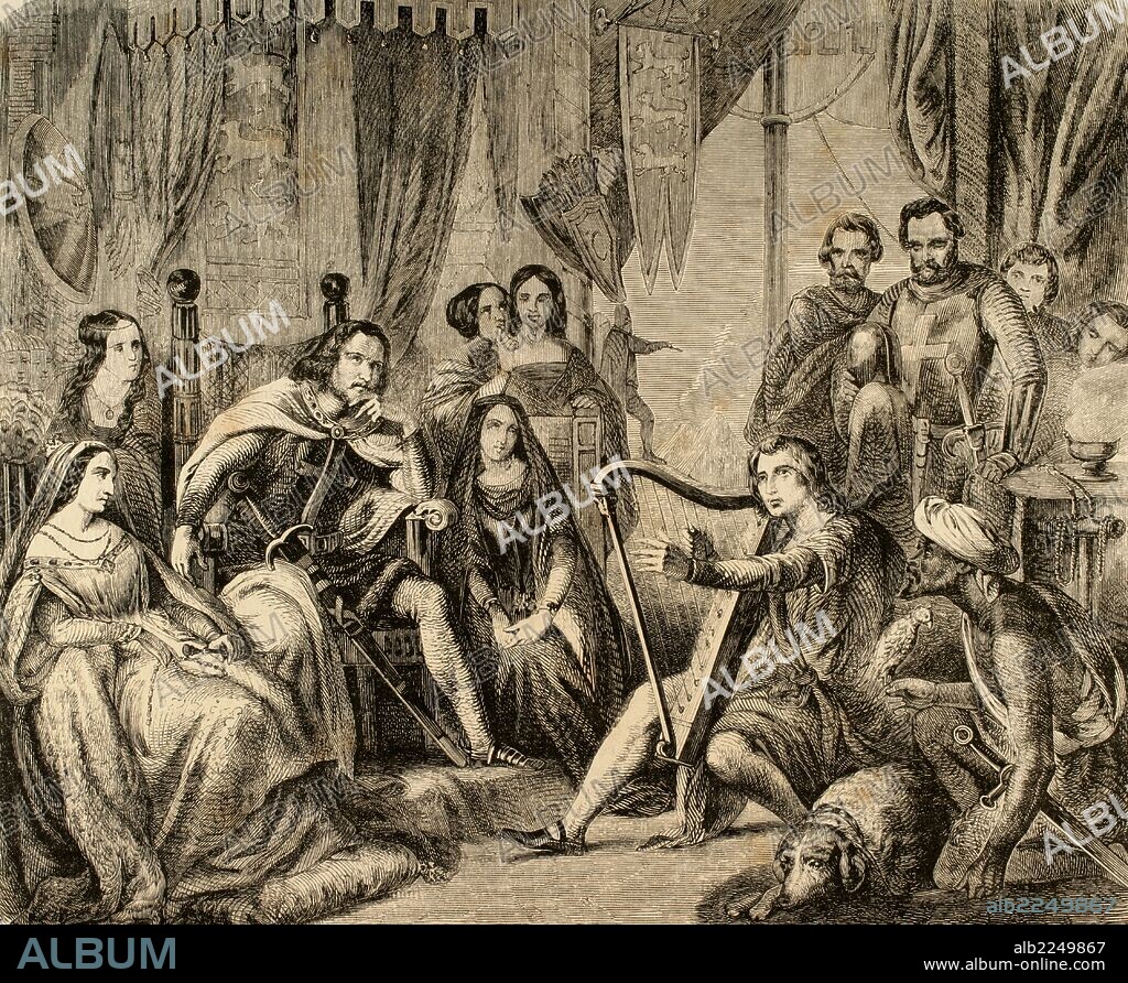 RICARDO I DE INGLATERRA (1157-1199), conocido como Ricardo Corazón de León. Rey de Inglaterra 1189-1199, Duque de Normandía y Aquitania y Conde de Anjou. Casa Real de Plantagenet. Grabado. "Escena de corte. El Rey escuchando música".