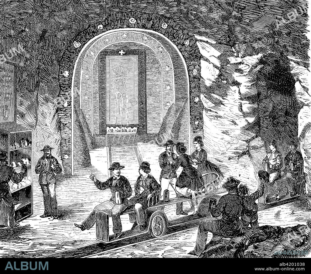 Salzbergwerk Berchtesgaden is the oldest active salt mine in Germany, Bavaria, Visitors at the entrance, illustration from the 19th century.
