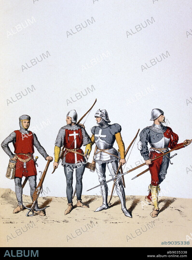 Troops of the Royal Guard, 12th-16th century (1887). A 12th or 13th century arbaletrier (crossbowman), 14th and 15th century archers and a 16th century pikeman. A print from Francois Cudet's Histoire des Corps de Troupes de la Ville de Paris, France, 1887. By the French artist A Lemercier.