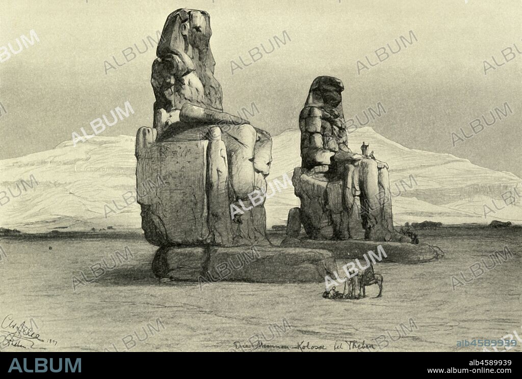 CHRISTIAN WILHELM ALLERS. Colossi of Memnon at Thebes, Egypt, 1898. The Colossi at Thebes are Ancient Egyptian monumental statues of Pharaoh Amenhotep III, who reigned Egypt during the Dynasty XVIII. 'Die Memnon-Kolosse bei Theben'. From "Rund um die Erde", by C. W. Allers. [Union Deutsche Berlagsgesellschaft, Stuttgart, 1898].