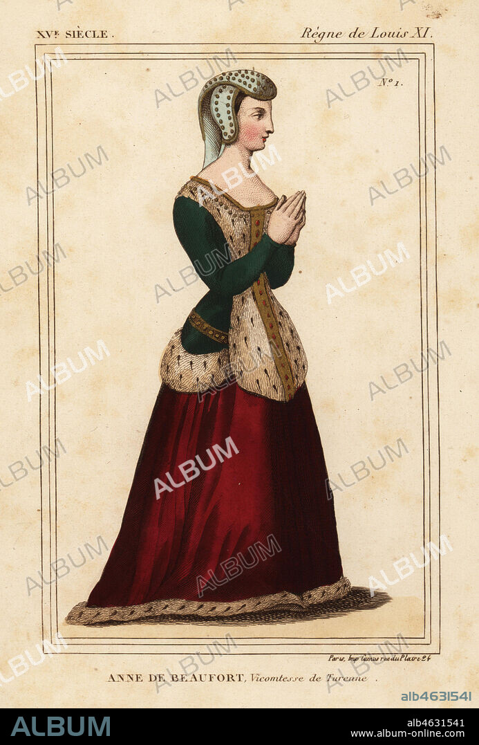 Anne Rogier de Beaufort, Vicomtesse de Turenne 1435-1479. Handcoloured lithograph after a stained-glass window in the church of Cordelieres de Nantes in Roger de Gaignieres' portfolio VI 11 from Le Bibliophile Jacob aka Paul Lacroix's Costumes Historiques de la France (Historical Costumes of France), Administration de Librairie, Paris, 1852.