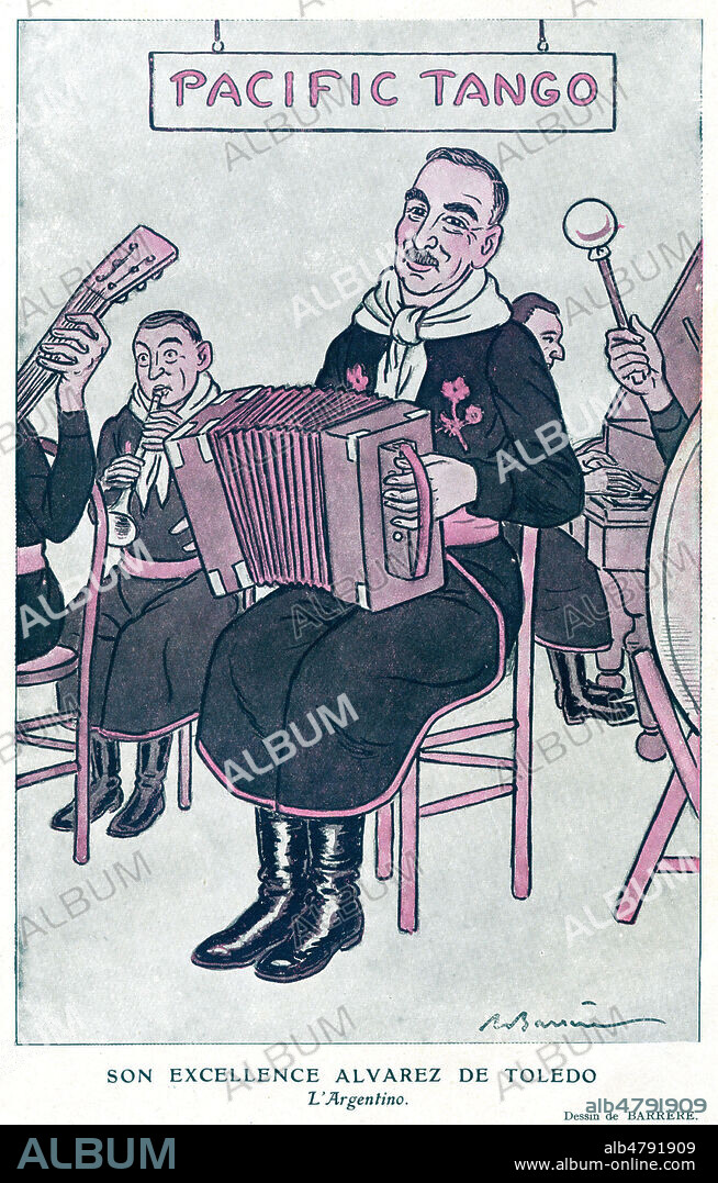 Son Excellence ALVAREZ de TOLEDO (19-20 s.) L'Argentino. Caricature par Adrien BARRERE (1877-1931) pour Fantasio du 1er aout 1928. Credit : Collection Grob/KHARBINE-TAPABOR.