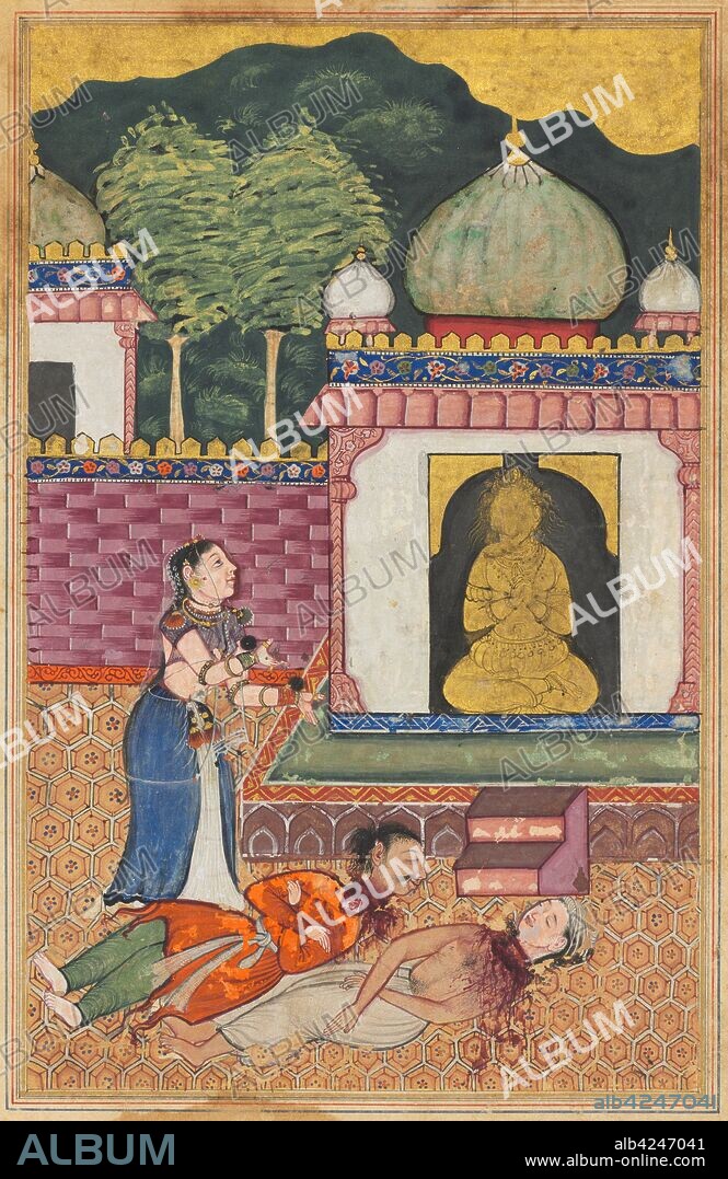 Page from Tales of a Parrot (Tuti-nama): Thirty-fourth night: The princess discovers the dead bodies, with heads severed, of her husband and his Brahmin friend, c. 1560. India, Mughal, Reign of Akbar, 16th century. Opaque watercolor and gold on paper;.