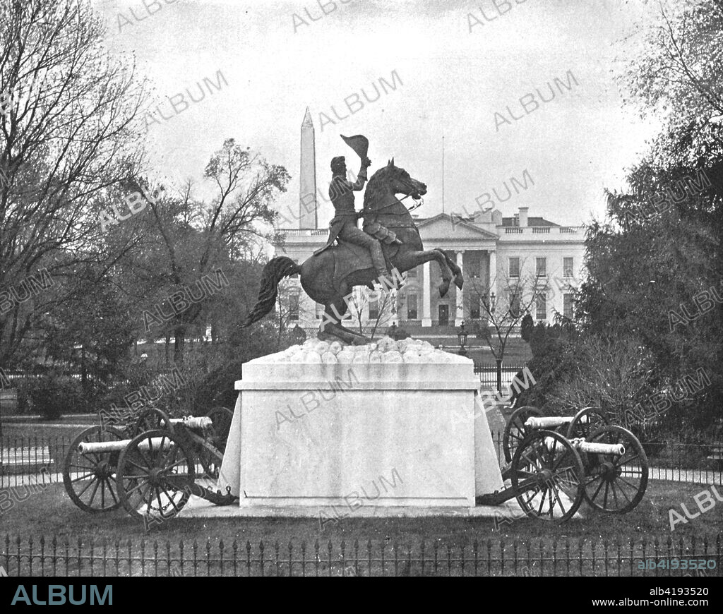 Jackson Statue, Lafayette Square, Washington DC, USA, c1900. Equestrian sculpture of Andrew Jackson by Clark Mills. Jackson (1767-1845) was an American general, and the seventh President of the United States. From Scenic Marvels of the New World edited by Prof. Geo.R. Cromwell. [C.N.Greig & Co., c1900].