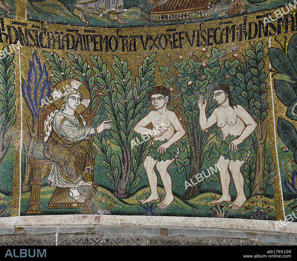 St Marks Basilica, Venice, by Unknown Artist, 10th Century,. Italy, Veneto, Venice, San Marco Basilica. Detail. Dome of the Creation. The denial of guilt. God Father throne young man halo aureole haloed pastoral crosier staff cross Adam Eve nudity leaves lush nature plants trees leaves branches mosaics green blue pink gold Latin inscription, Photographic Campaign 2010.