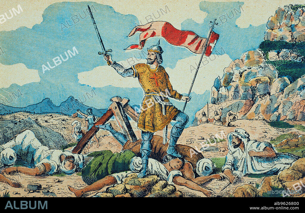 Pelayo, Don (- 737), King of Asturias from 718 to 73, battle of Covadonga, Pelayo king's troops defeat the Muslims in 718, drawing, 1900.