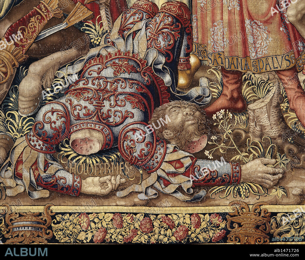 "MUERTE del militar asirio HOLOFERNES realizada por JUDITH tras cortarle la cabeza". Detalle de uno de los ocho grandes paños de la serie "HONORES Y VIRTUDES". Fabricado en Bruselas a mediados del siglo XVI. Realizado con lana, seda y plata. Sala 3. Museo de los Tapices. PALACIO REAL DE LA GRANJA DE SAN ILDEFONSO. Provincia de Segovia. Castilla-León. PATRIMONIO NACIONAL.