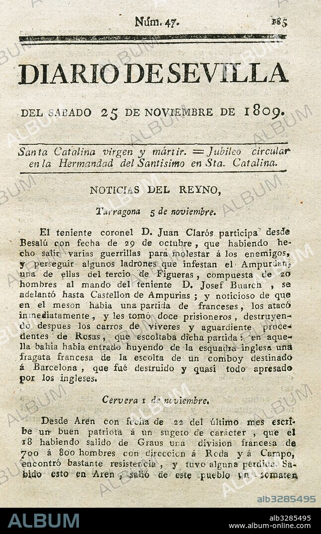 PRENSA ESPAÑOLA. SIGLO XIX. (Contexto histórico de la Guerra de la Independencia en España, 1808-1814). "DIARIO DE SEVILLA". Número 47 (sábado 25 de noviembre de 1809) .