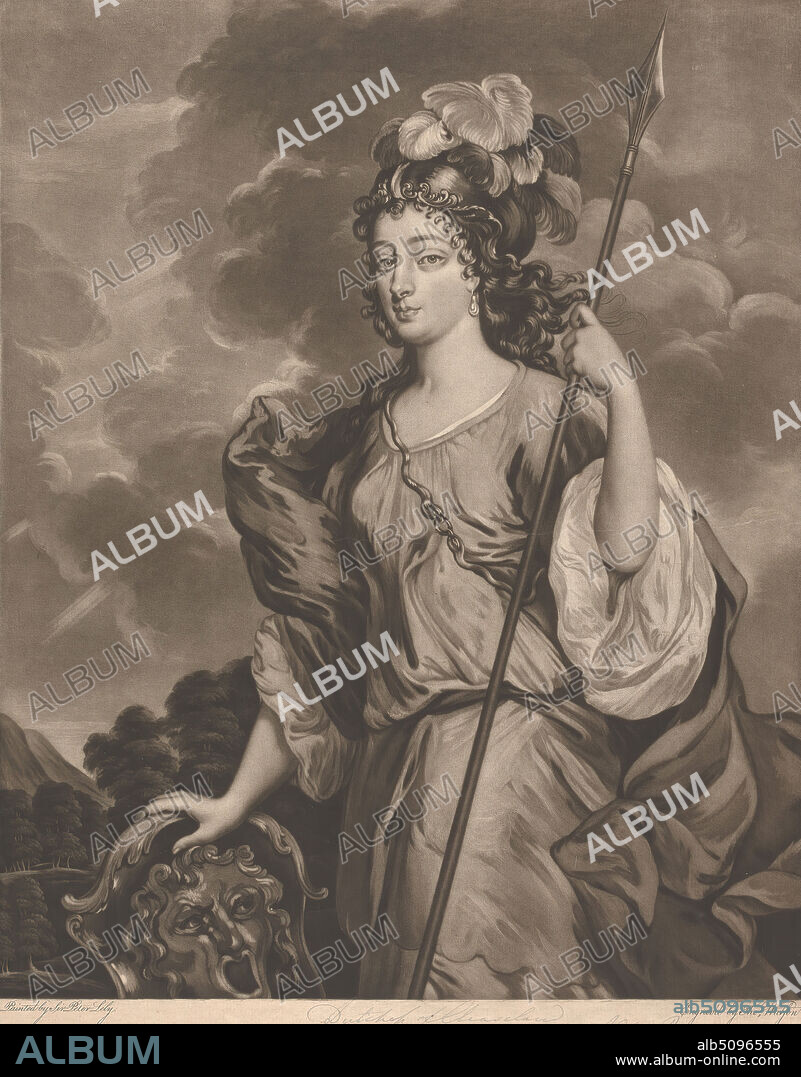 Barbara Palmer (née Villiers) Countess of Castlemaine, Thomas Watson, 17431781, British, after Sir Peter Lely, 16181680, Dutch, active in England (from 1643), undated, Mezzotint on medium, moderately textured, cream, laid paper, Sheet: 16 11/16 × 13 1/16 inches (42.4 × 33.2 cm) and Image: 16 3/16 × 13 inches (41.1 × 33 cm), cloak, clouds, earring, feathers, headdress, landscapes, mask, religious and mythological subject, spear, woman.