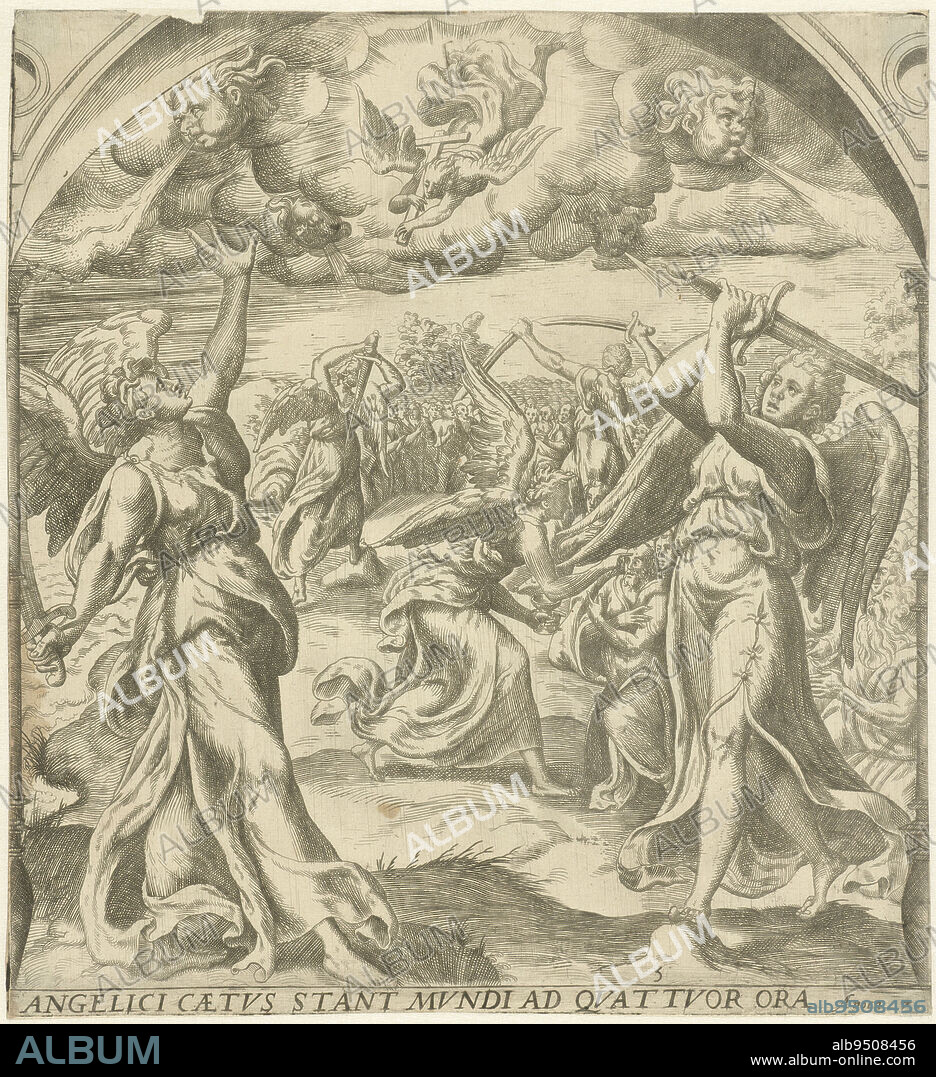 Four angels control the four winds of the earth with swords. Another angel descends from heaven with a cross. He then blesses the foreheads of the good Christians with the seal of the living God (Op. 7:1-8), Four angels hold the four winds against Angelici Caetv's stant mvndi ad qvattvor ora, Revelation of John (series title)., print maker: Gerard van Groeningen, Antwerp, 1563 - 1574, paper, etching, engraving, h 269 mm × w 249 mm.