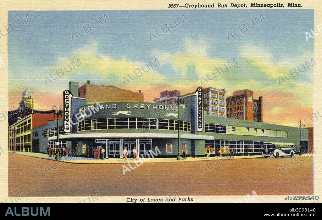 Greyhound Bus depot, Minneapolis, Minnesota, USA, 1937. Vintage postcard showing the exterior of the Greyhound Bus depot, a green painted Art Deco building. Pedestrians walk the sidewalk in front of the building and a bus is parked on the street. The bus depot opened in 1937. It is now a nightclub and live music venue.