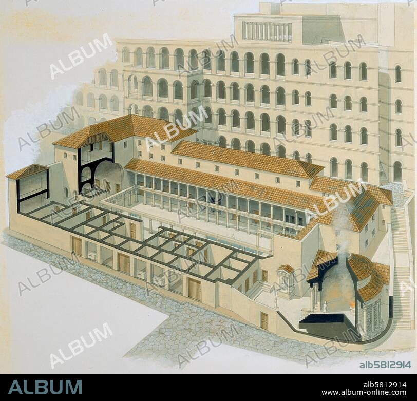 Rom - Roma (Italien), Haus der Vestalinnen auf dem Forum Romanum. Rekonstruktion des Hauses der Vestalinnen am Vestatempel (rechts) in der mittleren-späten Kaiserzeit. Aquarell, undat., von Peter Connolly. (1935-2012).