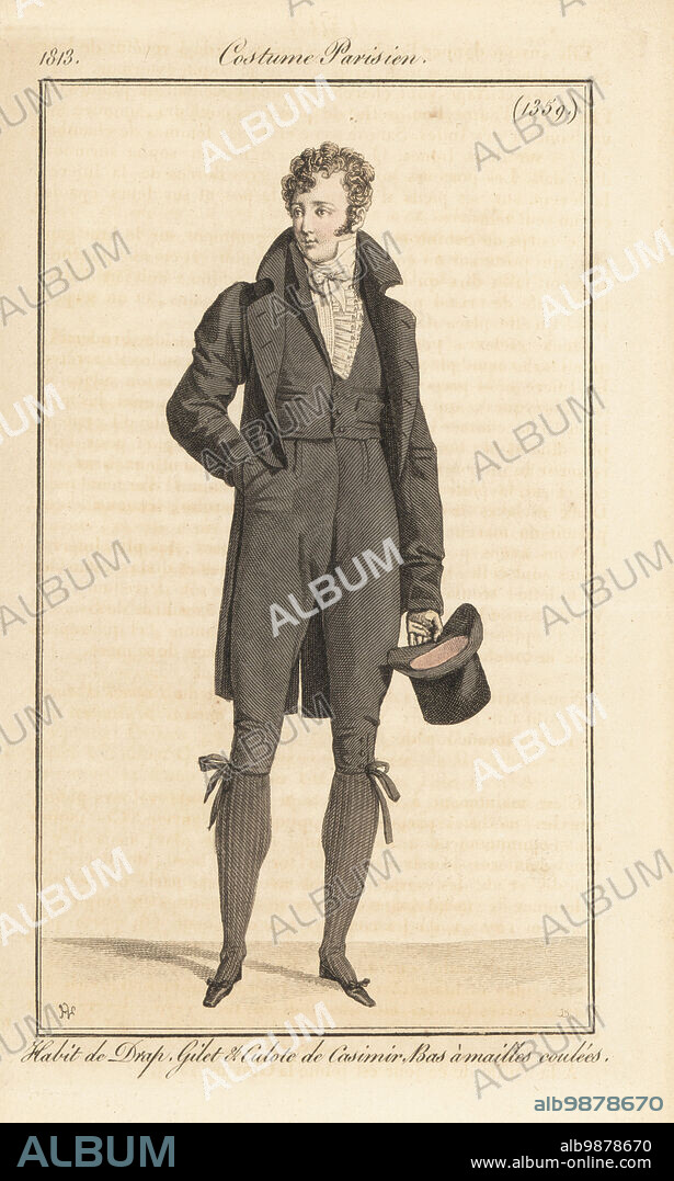French gentleman in wool tailcoat, worsted waistcoat and breeches, knitted stockings, holding a top hat. Habit de Drap, Gilet et Culote de Casimir, Bas a mailles coulees. Handcoloured copperplate engraving by Pierre-Charles Baquoy after a fashion plate by Horace Vernet from Pierre de la Mesangeres Journal des Dames et des Modes, Magazine of Women and Fashion, Paris, 1813.