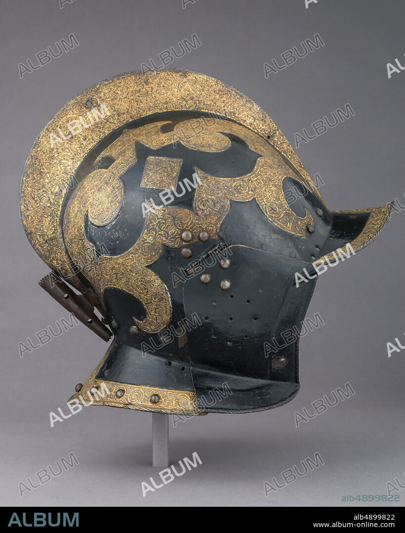 Burgonet, German, Saxon, 16th century, German, Saxon, Steel, gold, pigment, leather, H. 12 1/4 in. (31.1 cm); W. 9 in. (22.9 cm); D. 13 in. (33 cm); Wt. 3 lb. 3.3 oz. (1454.3 g), Helmets.