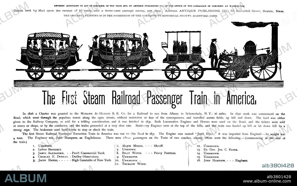 The Mohawk & Hudson Railroad was the first railroad built in New York and one of the first railroads in the United States. It was so-named because it linked the Mohawk River at Schenectady with the Hudson River at Albany. It was conceived as a means of allowing Erie Canal passengers to quickly bypass the circuitous Cohoes Falls via steam powered trains. The DeWitt Clinton locomotive, built by the West Point Foundry in New York, made its first test run on July 2, 1831. After some hesitation it was decided that the engine would burn wood rather than coal. The official opening took place on September 24, 1831, with approximately 80 politicians and dignitaries. The DeWitt Clinton, pulling three cars, covered the route in 47 minutes. Another eight cars had to be pulled by horses. The cars were in the style of old-fashioned stage coaches, with a driver's seat or box, on the outside at either end.