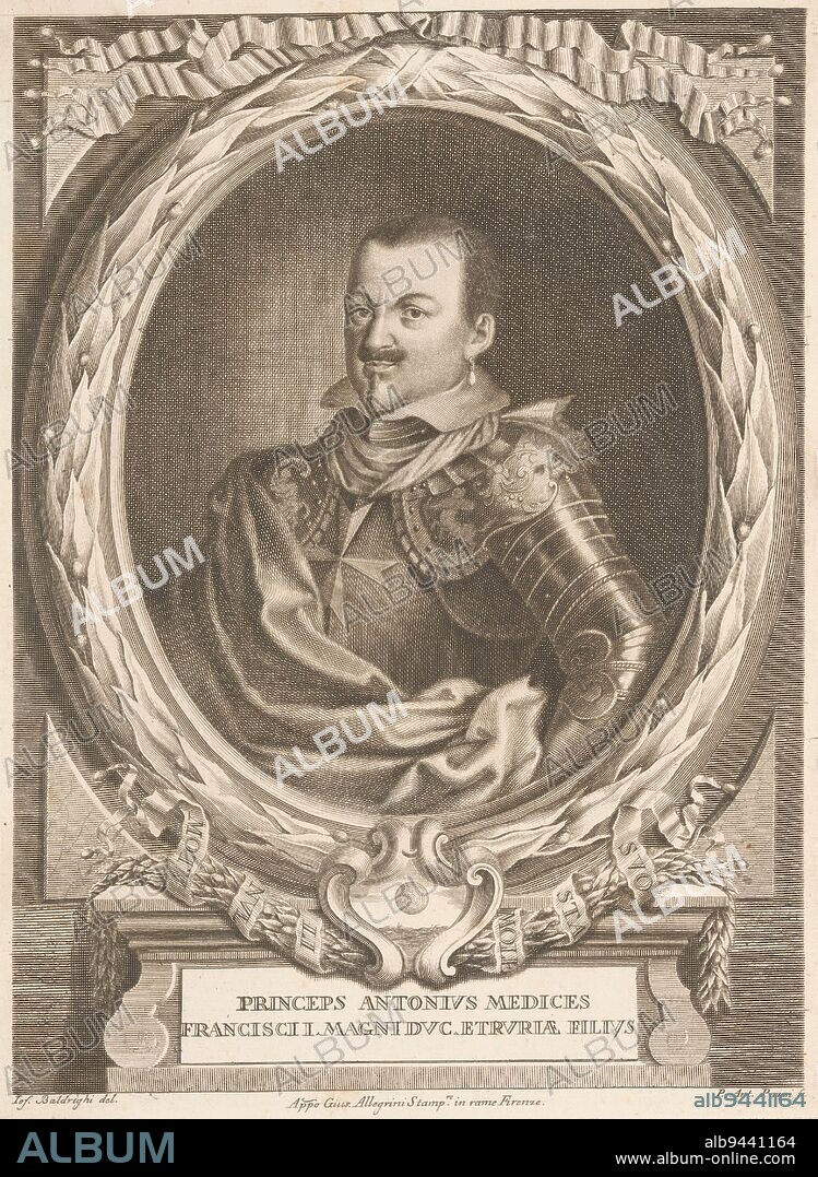 Portrait of Antonio de' Medici Portraits of the de' Medici family , print maker: Antonio Pazzi, (mentioned on object), intermediary draughtsman: Giuseppe Baldrighi, (mentioned on object), publisher: Giuseppe Allegrini, (mentioned on object), print maker: Italy, publisher: Florence, 1733 - after 1768, paper, engraving, h 346 mm × w 261 mm.