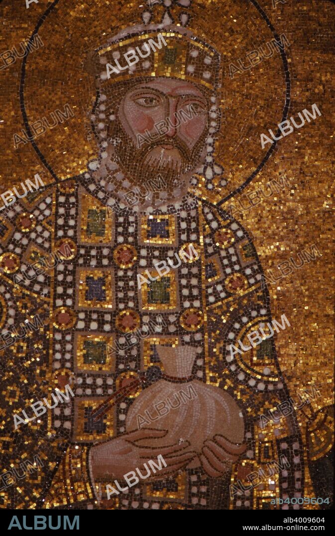 Byzantine Emperor, Constantine IX Monomachos, St. Sophia, Istanbul, 20th century. Byzantine emperor from June 11, 1042 to January 11, 1055. Chosen by Empress Zoe as a husband and co-emperor in 1042, although exiled for conspiring against her previous husband, Emperor Michael IV the Paphlagonian. They ruled together until Zoe died in 1050.  Constantine favored the nobility (dynatoi), granting generous tax immunities to major landowners and the church. He was was a patron of the arts and literature.