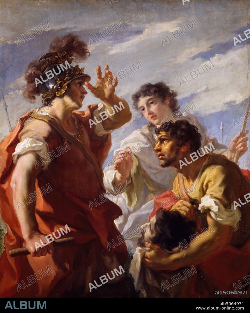 Caesar Before Alexandria, 1724-25 Gianantonio Pellegrini, Depicting scene of Julius Caesar before the Siege of Alexandria (47 BC), Oil Painting, Baroque, Old Master, Death, Roman history.