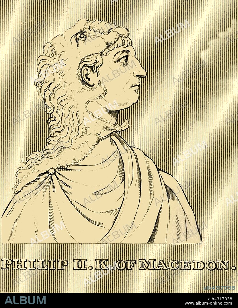 'Philip II King of Macedon', (382-336 BC), 1830. Philip II of Macedon (382-336 BC) King  of Macedon from 359 BC until his assassination in 336 BC. A member of the Argead dynasty who reformed the army and defeated the Greeks at the Battle of Chaeronea, then establishing the League of Corinth. From "Biographical Illustrations", by Alfred Howard. [Thomas Tegg, R. Griffin and Co., J. Cumming, London, Glasgow and Dublin, 1830].