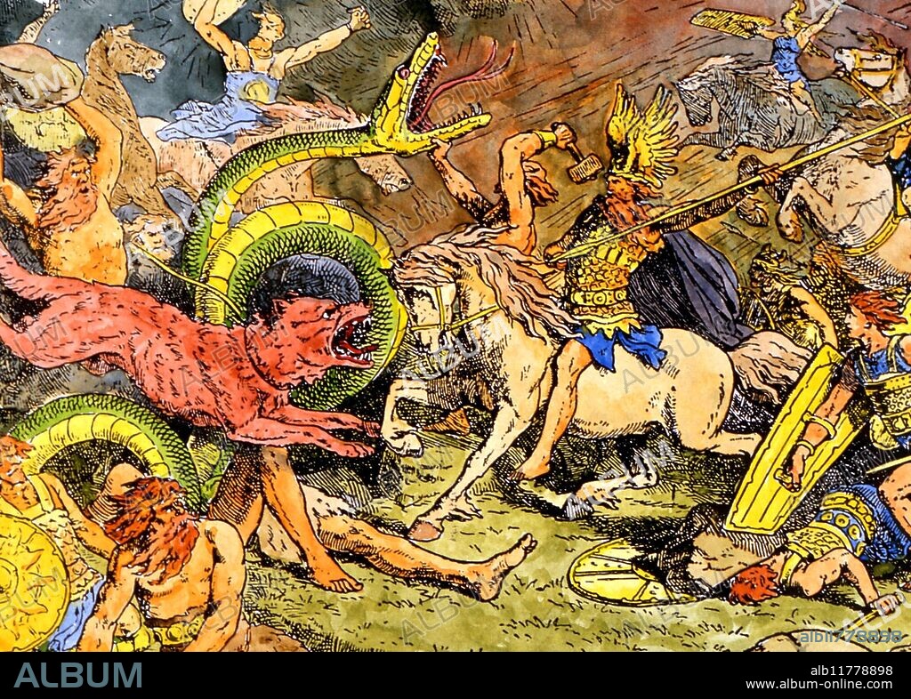 Wolf and serpent. The Fenris Wolf at Ragnarok (the Twilight of the Gods) with the Midgard Serpent in the background. After a design by Johannes Gherts. 19th century German.