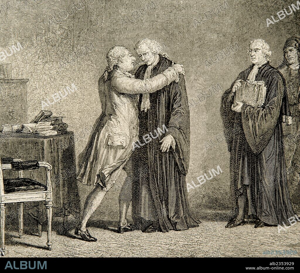 Guillaume-Chrétien de Lamoignon de Malesherbes, más conocido como Malesherbes o Lamoignon-Malesherbes (1721-1794), político francés, ministro y consejero para la defensa de Luis XVI. Murió en la guillotina durante el periodo del Terror de la Revolución francesa. "Lamoignon-Malesherbes entrevistándose con el rey Luis XVI". Grabado por Blanpain. "Historia de Francia", siglo XIX.