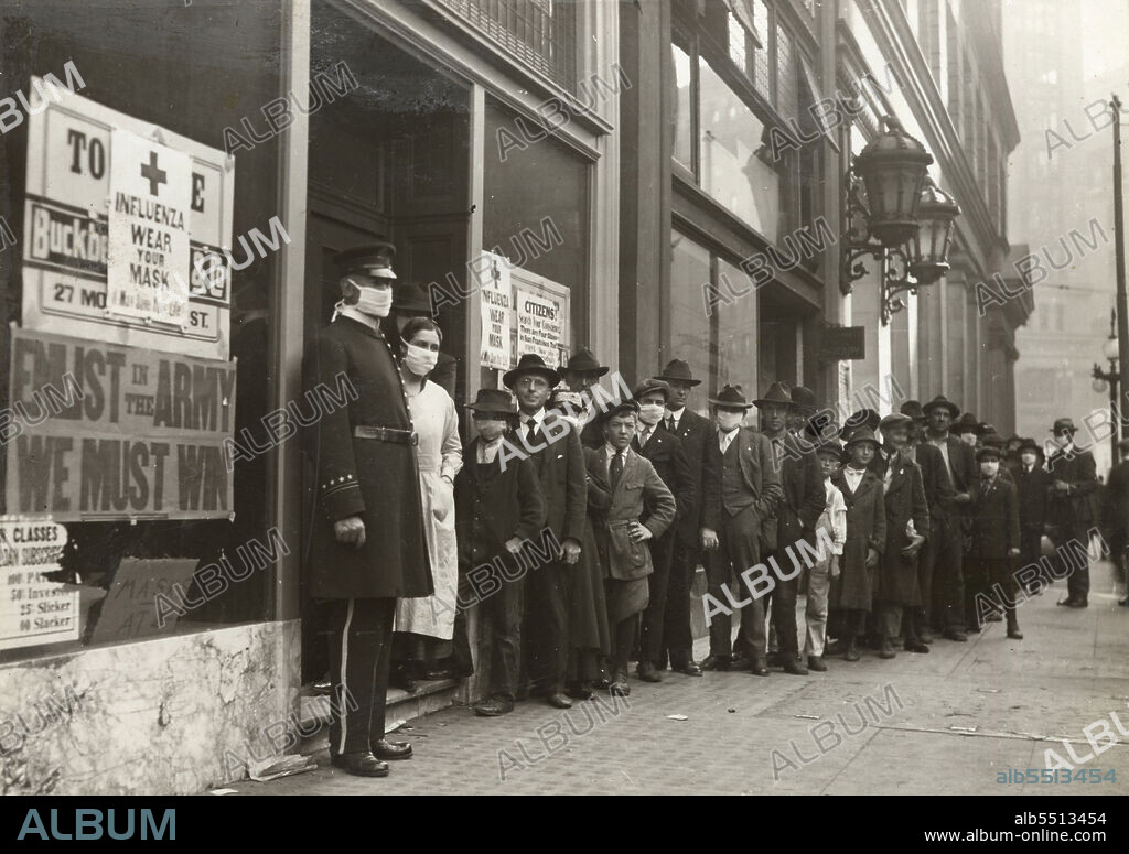 HAMILTON HENRY DOBBIN. People line outside a store to buy face masks, 1 October 1918.