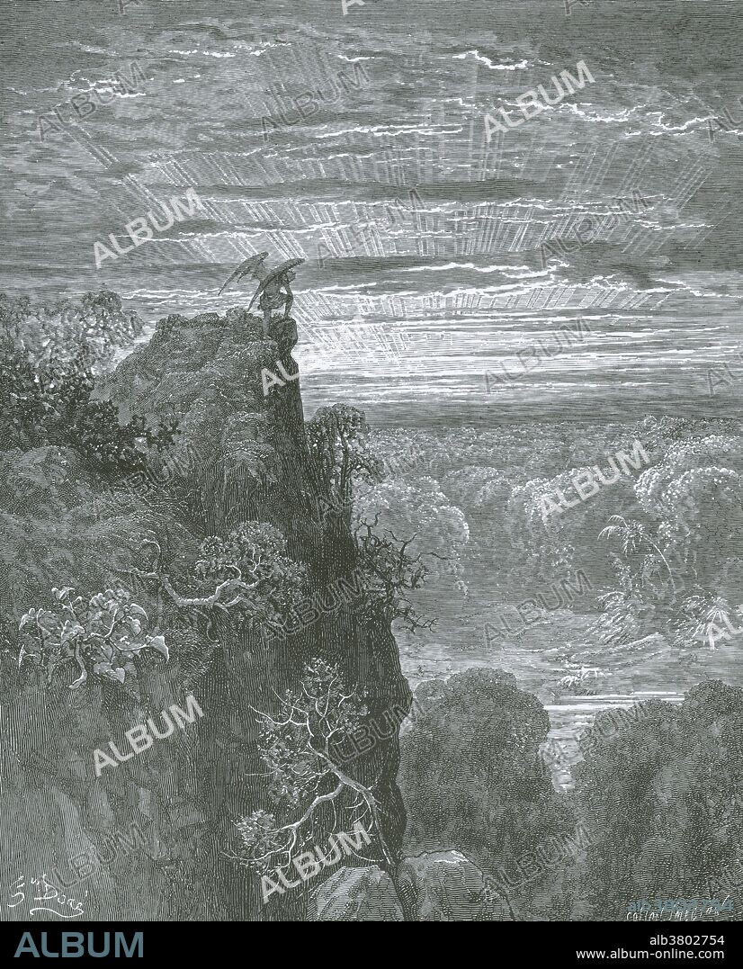 An illustration of Satan by Gustave Dore, from John Milton's Paradise Lost, Book 4, lines 172-173: "Now to the ascent of that steep savage hill / Satan hath journey'd on, pensive and slow.".