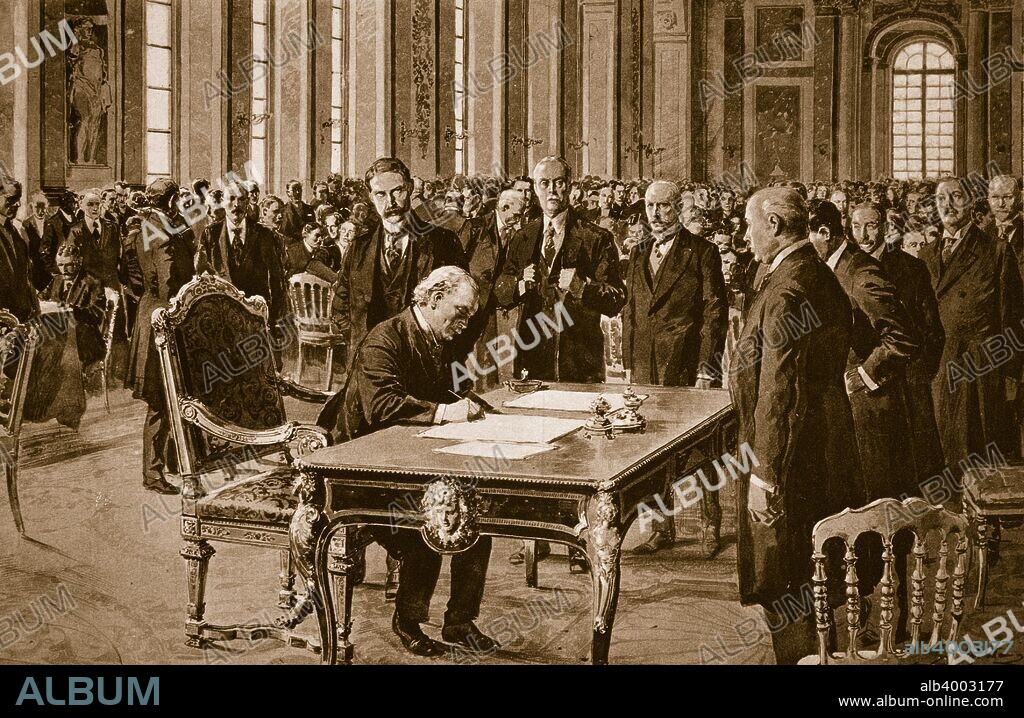 David  Lloyd George (1863-1945) with other members of the British Peace Delegation, from left to right: Mr Bonar Law (1858-1923), Mr A. J. Balfour (1848-1930), Mr W. M. Hughes (1862-1952), General Botha (1862-1919), and General Smuts (1870-1950). In the foreground are M. Dutasta, Secretary-General to the Peace Conference, and M. Arnavon, his co-secretary.