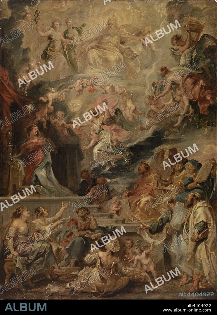 Peter Paul Rubens: The Incarnation as Fulfillment of All the Prophecies, Peter Paul Rubens, c. 1628–1629, Oil on panel, Rubens depicts the Archangel Gabriel's announcement to the Virgin Mary that she would conceive a son by the power of the Holy Spirit. Cloaked in red and blue, Mary kneels at center left as Gabriel approaches her on a cloud. Behind him, a ring of cherubs encircles a dove representing the Holy Ghost. God the Father sits high above, resting his arm on a large sphere and extending his scepter downward. In the foreground, below Mary, sits a group of sybils (female prophets). The movement, dynamism and theatrical gestures are all characteristic of Rubens' work., Overall: 25 3/8 x 18 1/2 in. (64.5 x 47 cm).