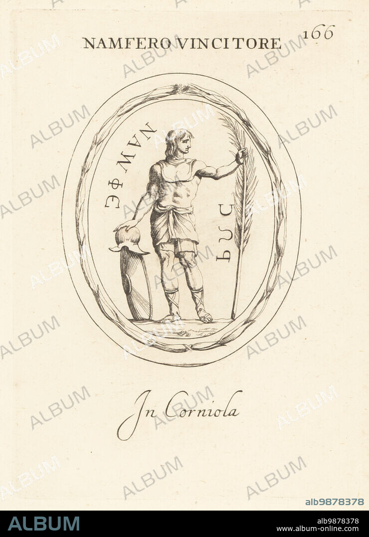 Roman Murmillo gladiator with victory palm. Standing with his Scutum shield and Cassis Crista helmet, in tunic and boots. In carnelian. Namfero Vincitore. In corniola. Copperplate engraving by Giovanni Battista Galestruzzi after Leonardo Agostini from Gemmae et Sculpturae Antiquae Depicti ab Leonardo Augustino Senesi, Abraham Blooteling, Amsterdam, 1685.