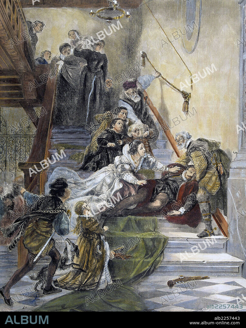 GUILLERMO DE ORANGE. GUILLERMO I DE NASSAU. EL TACITURNO. STATUDER DE HOLANDA 1533 - 1584. " MUERTE DE GUILLERMO DE ORANGE " . GRABADO DE LA ILUSTRACION ESPAÑOLA Y AMERICANA.