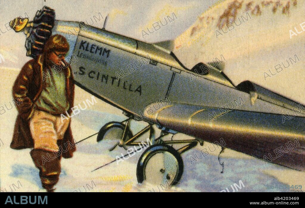 Udet lands on the Plateau du Trient, Mont Blanc, 1929, (1932). German pilot Ernst Udet with his Klemm L.25 plane after landing on the Trient Glacier in Switzerland. Udet appeared in the 1930 film, "Storm Over Mont Blanc". From "Die Eroberung Der Luft", (The Conquest of the Air), cigarette card album produced by the Garbáty cigarette factory, 1932. Eugene and Moritz Garbáty, who were Jewish, were driven out of business by the Nazis in the late 1930s, and forced to sell their factory which lay empty for over 70 years. [Garbaty Cigarettenfabrik, Berlin-Pankow, 1932].