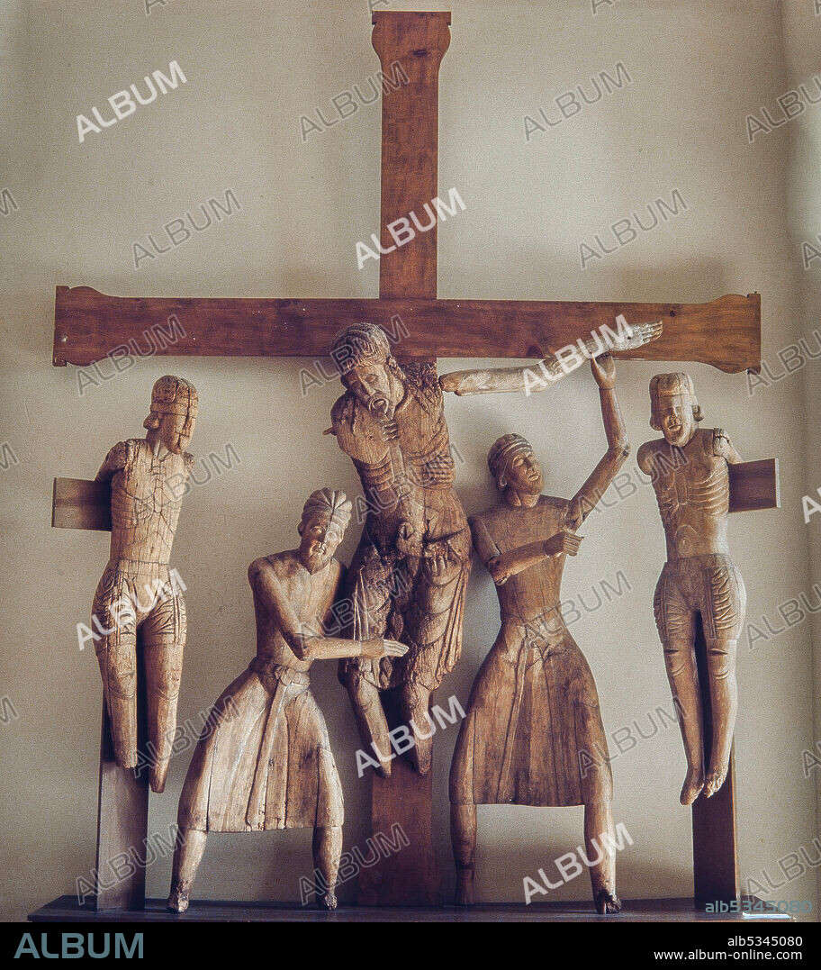 'Descendimiento de Erill la Vall', conjunto escultórico de siete figuras de madera, siglo XII, procedente de la iglesia de Erill-la-Vall, Museu Episcopal de Vic, fotografía del año 1980.