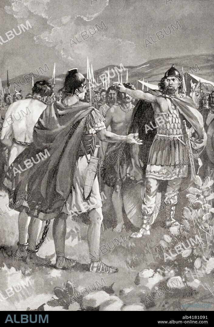 The surrender of Mancinus during the Numantine War, 137 BC.  Gaius Hostilius Mancinus,  Roman consul.  From Hutchinson's History of the Nations, published 1915.