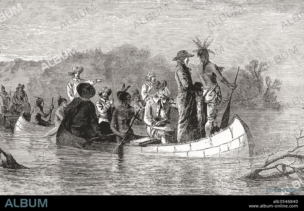 The Joliet-Marquette expedition discover the Mississippi in 1673. Louis Jolliet aka Louis Joliet, 1645 – last seen May 1700. French Canadian explorer. Father Jacques Marquette aka Père Marquette or James Marquette, 1637 – 1675. French Jesuit missionary. From The History of Our Country, published 1899.